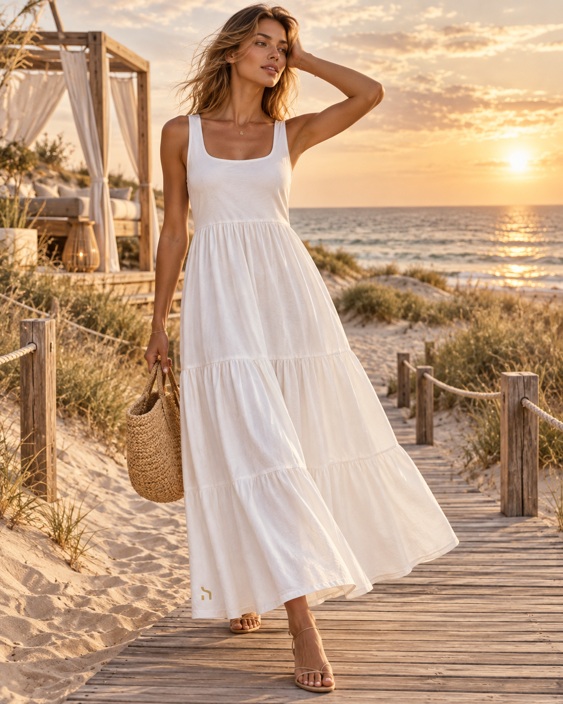 Frau trägt das weiße Haensch Coast Airy Valance Dress Damen mit goldenem H-Logo auf einem Strandweg an der Ostsee bei warmem Abendlicht