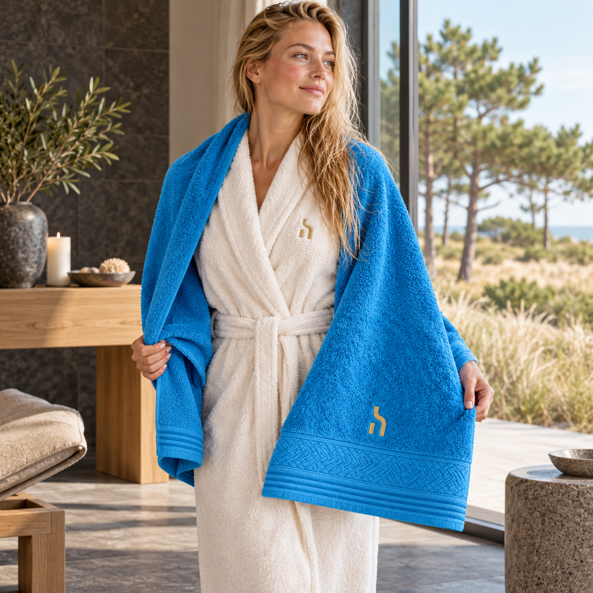 Blonde Frau trägt das Aqua-Azure-farbene Haensch Coast Bamboo Spa Towel mit goldenem Haensch-Zeichen über einem hellen Bademantel.