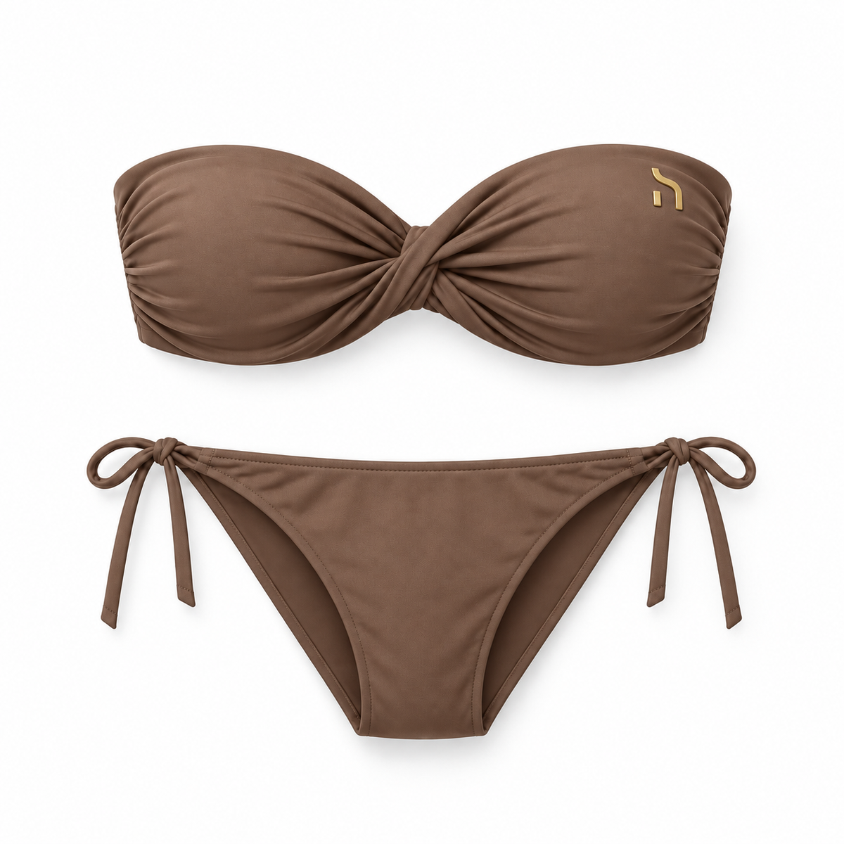 Haensch Coast Bandeau Bikini Damen in Coast Mocha mit gerafftem Bandeau-Oberteil, seitlich gebundenem Bikini-Slip und kleinem goldenem Hänsch-H-Signet