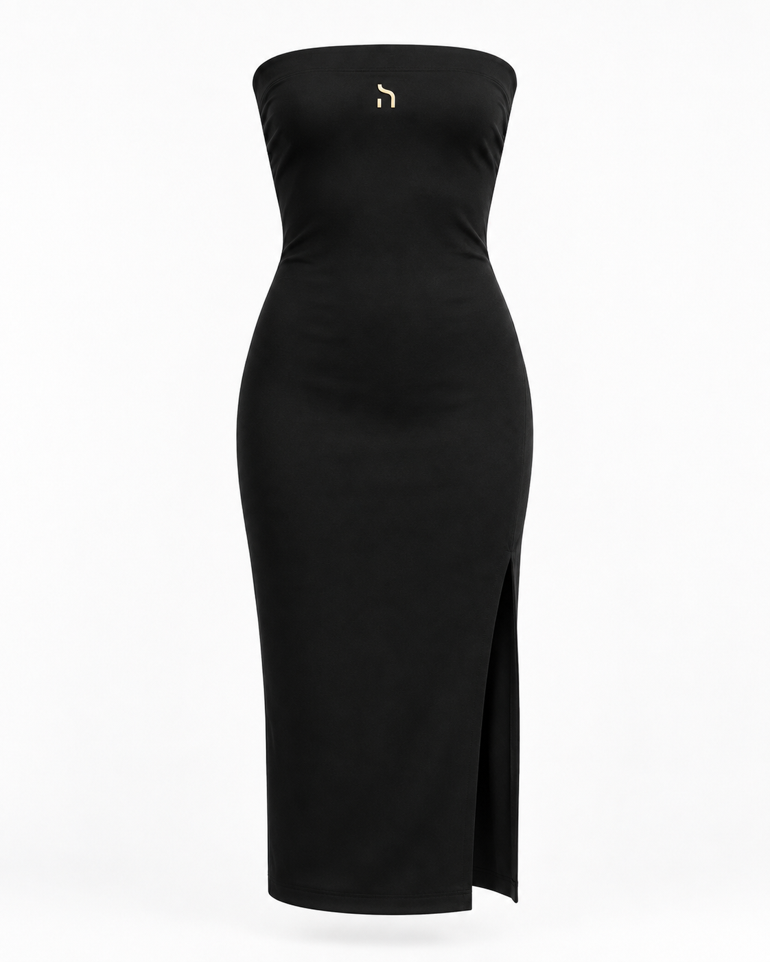 Schwarzes Haensch Coast Bandeau Midi Dress Damen in Coast Black mit schulterfreiem Bandeau-Ausschnitt, Seitenschlitz und goldenem H-Signet