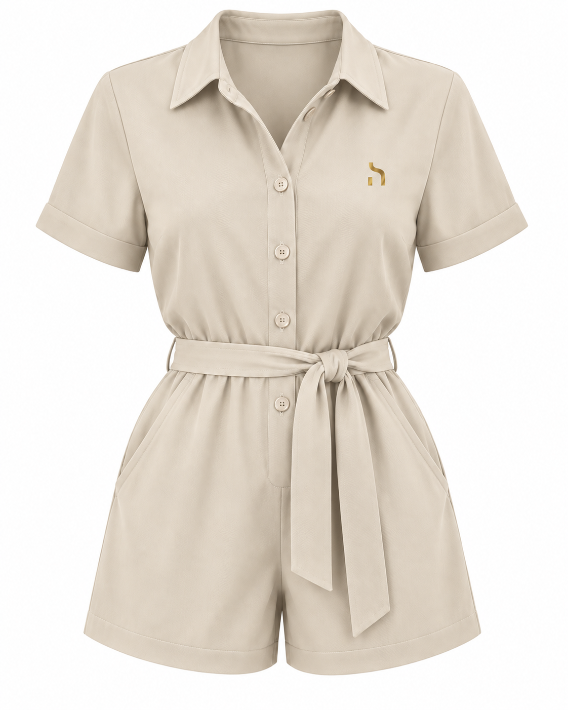 Haensch Coast Belted Viscose Twill Playsuit Damen in Coast Sand mit Umlegekragen, taillierendem Bindegürtel, kurzen Ärmeln und goldenem Hänsch-H-Signet