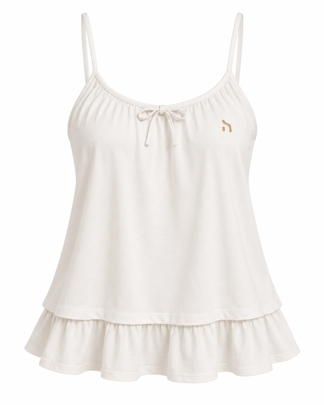 Haensch Coast Bow Cami Top Damen in Coast White mit feinen Trägern, Schleifendetail am Ausschnitt, zweistufigem Rüschenabschluss und goldenem Hänsch-H-Signet