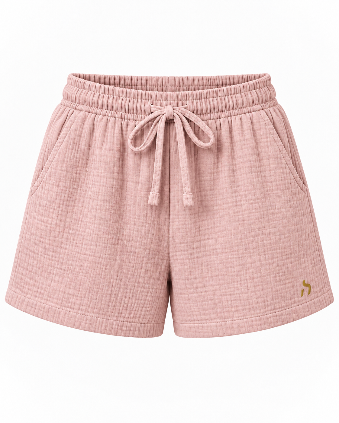 Haensch Coast Breeze Musselin Shorts Damen in Blush Rose mit elastischem Bund, Seitentaschen und goldenem Haensch-Logo.