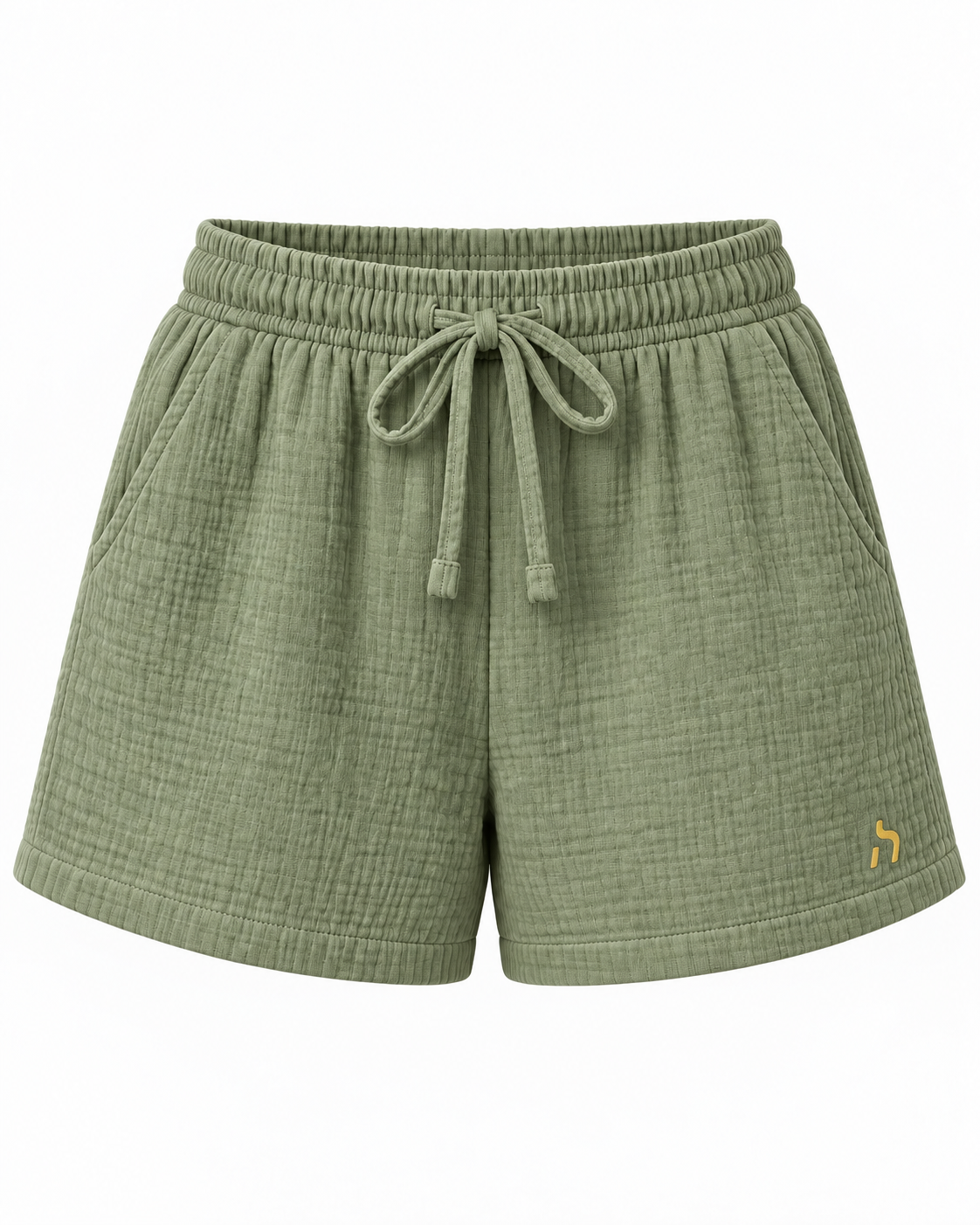 Haensch Coast Breeze Musselin Shorts Damen in Soft Olive aus strukturiertem Musselin mit Tunnelzug und goldenem Haensch-Logo.