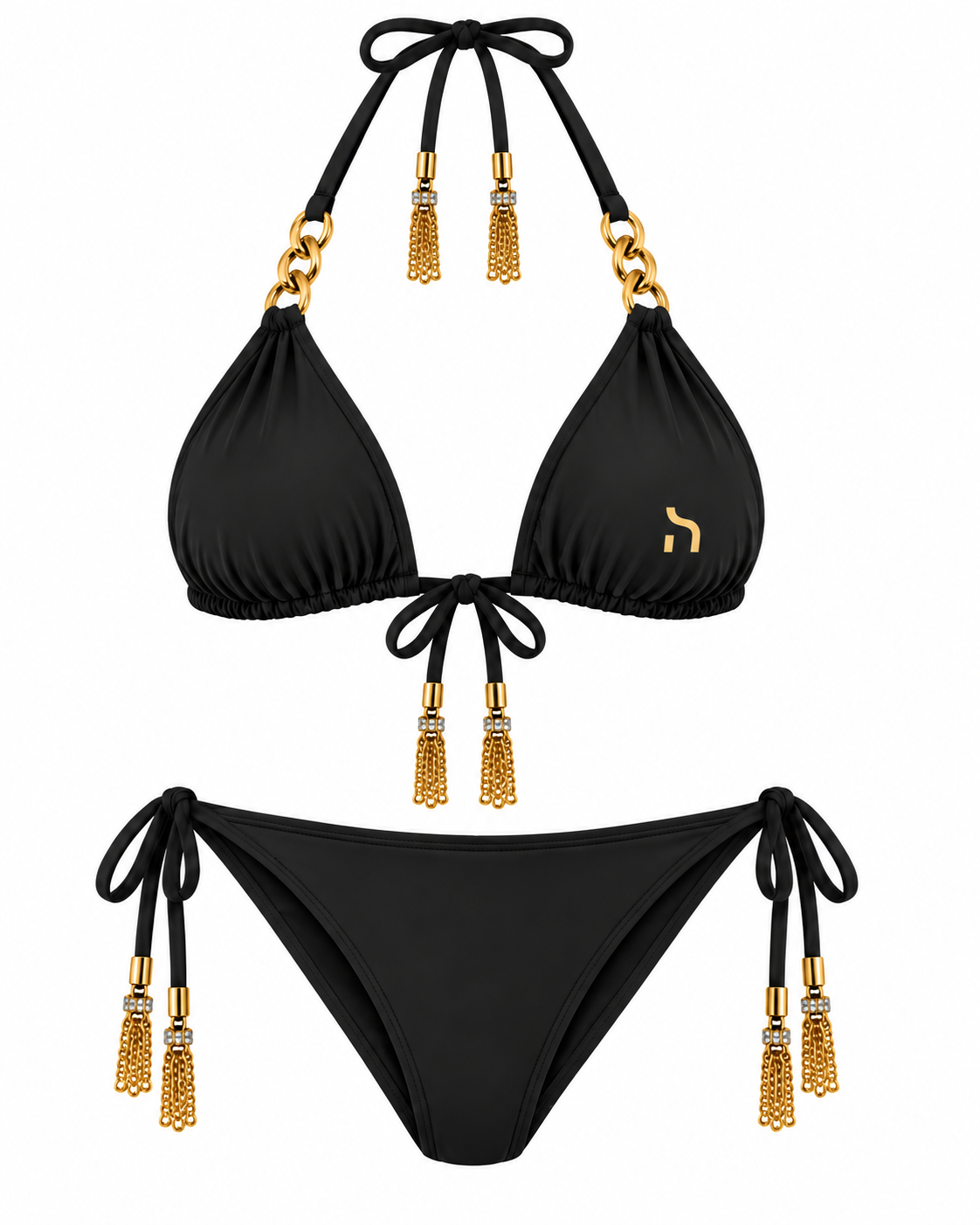 Black Haensch Coast triangle bikini with gold H logo, gold chain details and tie-side bottoms shown from the front on a white background.