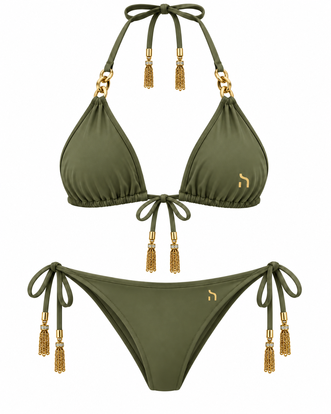 Olive Haensch Coast triangle bikini with gold H logo, gold chain details and tie-side bottoms shown from the front on a white background.
