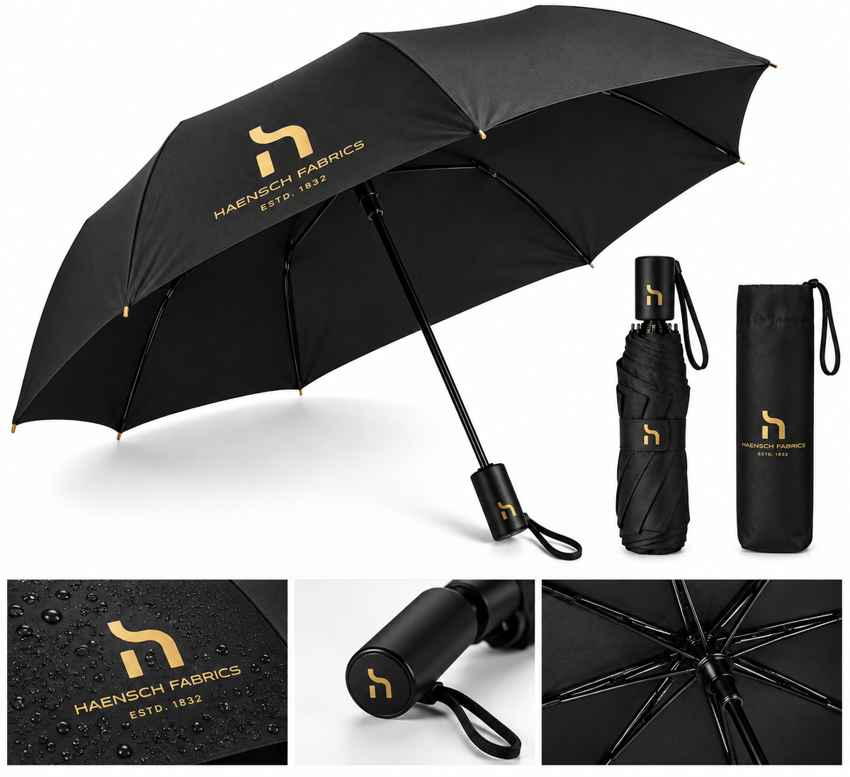 Black Haensch Coast compact umbrella with gold Haensch branding, matching sleeve and black handle in a clean studio product view.