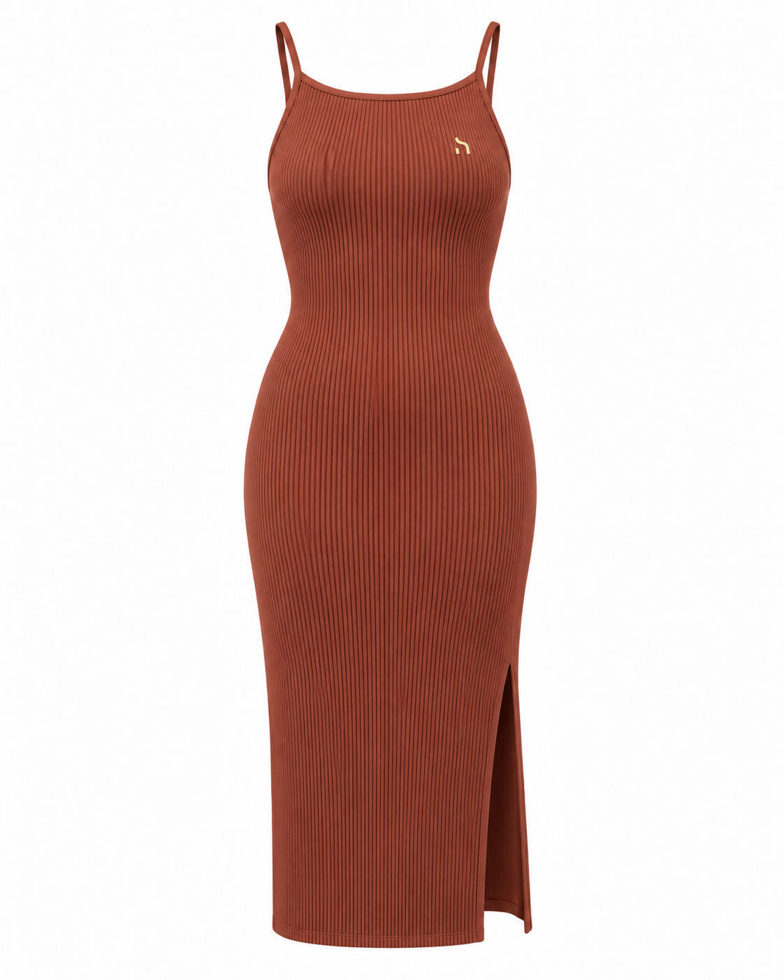 Haensch Coast Crossback Rib Knit Midi Dress Damen in Coast Terracotta mit feinem Rippstrick, körperbetonter Midi-Silhouette, Beinschlitz und goldenem Hänsch-H-Signet