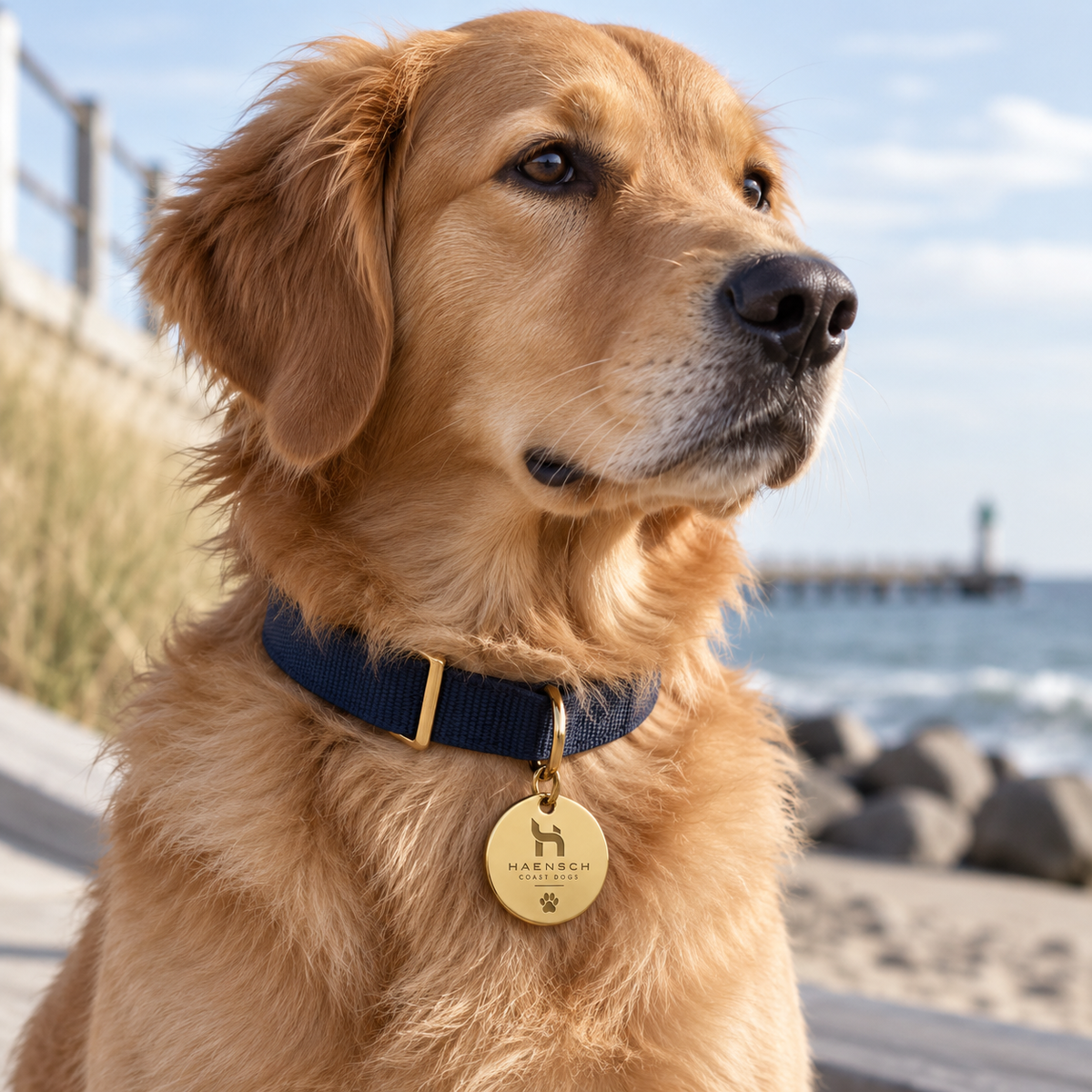 Golden Retriever trägt die goldfarbene Haensch Coast Dog ID Tag Hundemarke an einem dunkelblauen Halsband an der Küste.