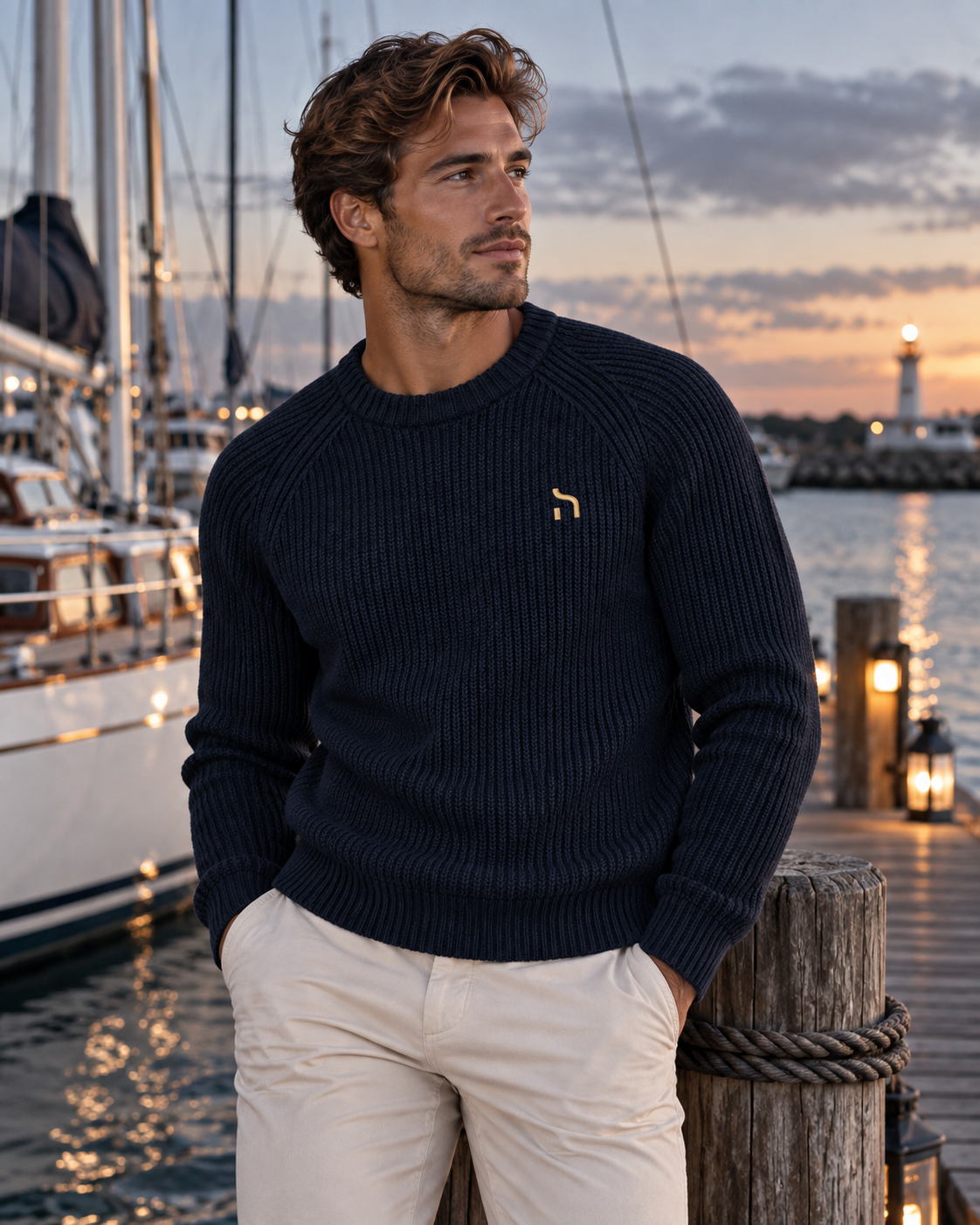 Mann im Haensch Coast Heavy Knit Sweater in Coast Navy an einem eleganten Ostsee-Yachthafen bei Abendlicht.