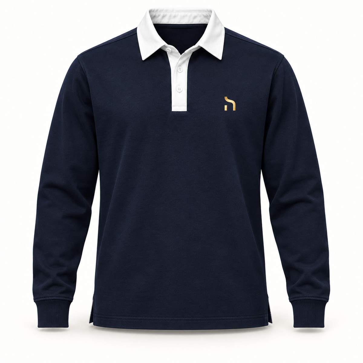 Gerade geschnittenes Haensch Coast Heritage Rugbyshirt für Herren in Navy mit weißem Webkragen und goldenem Brustzeichen.
