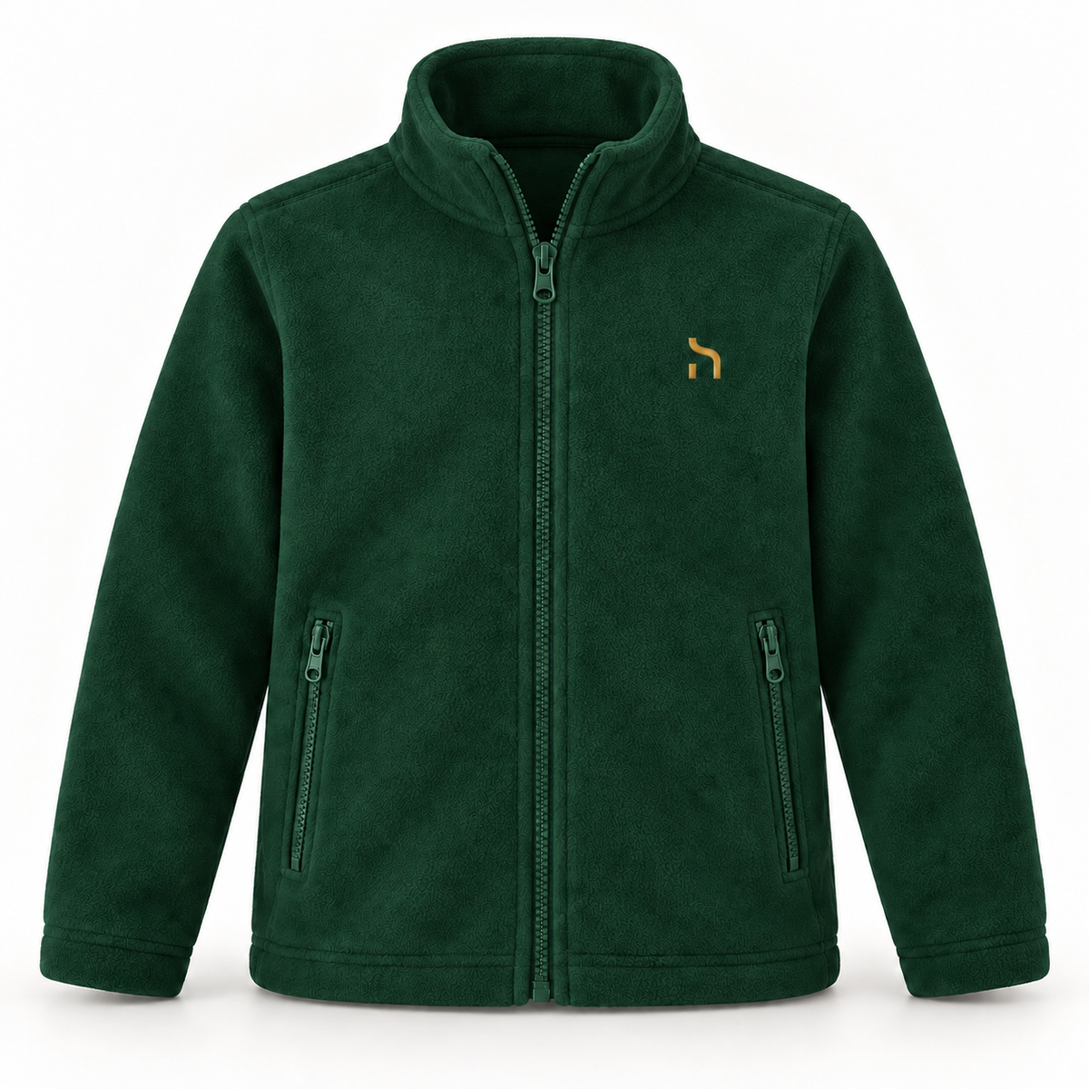 Flaschengrüne Haensch Coast Kids Fleecejacke mit Stehkragen, Reißverschlusstaschen und goldenem Haensch-Zeichen auf der linken Brust.