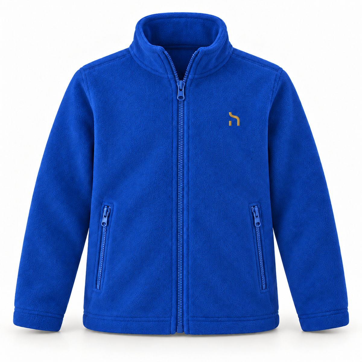 Dunkelblaue Haensch Coast Kids Fleecejacke mit Stehkragen, Reißverschlusstaschen und goldenem Haensch-Zeichen auf der linken Brust.