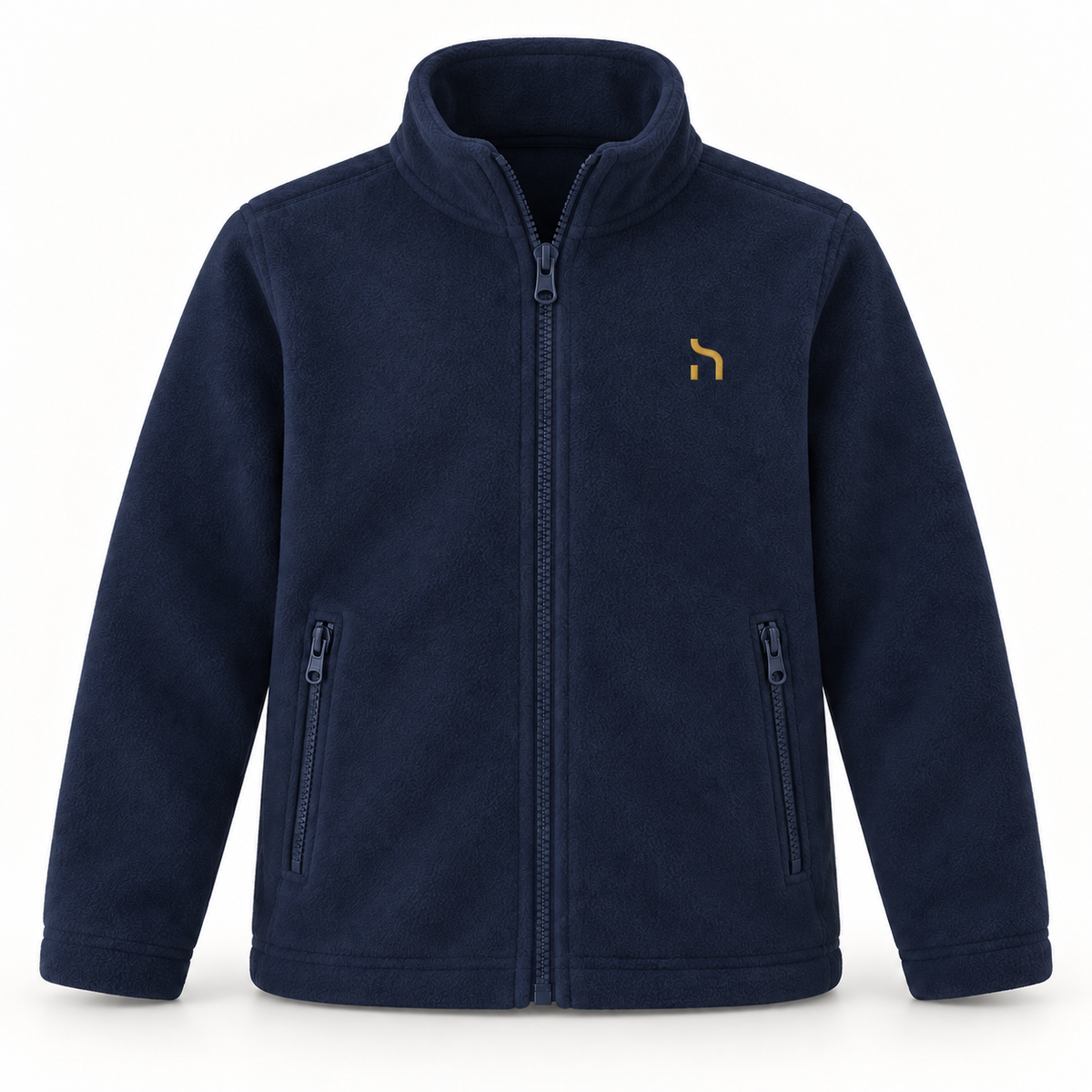Navyblaue Haensch Coast Kids Fleecejacke mit Stehkragen, Reißverschlusstaschen und goldenem Haensch-Zeichen auf der linken Brust.