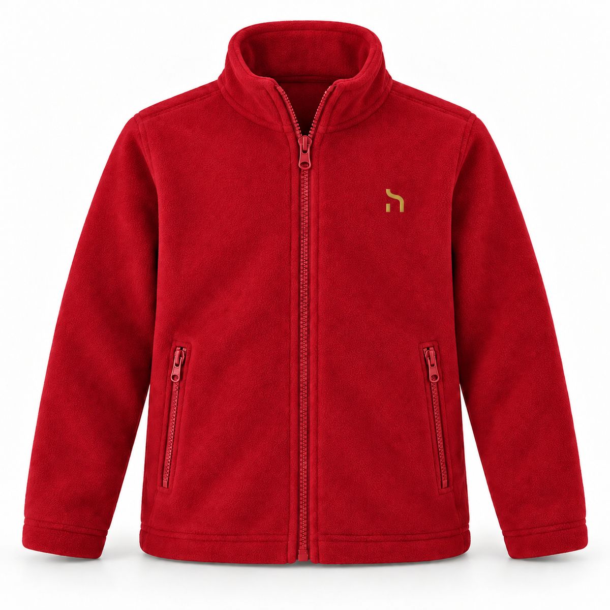 Rote Haensch Coast Kids Fleecejacke mit Stehkragen, Reißverschlusstaschen und goldenem Haensch-Zeichen auf der linken Brust.