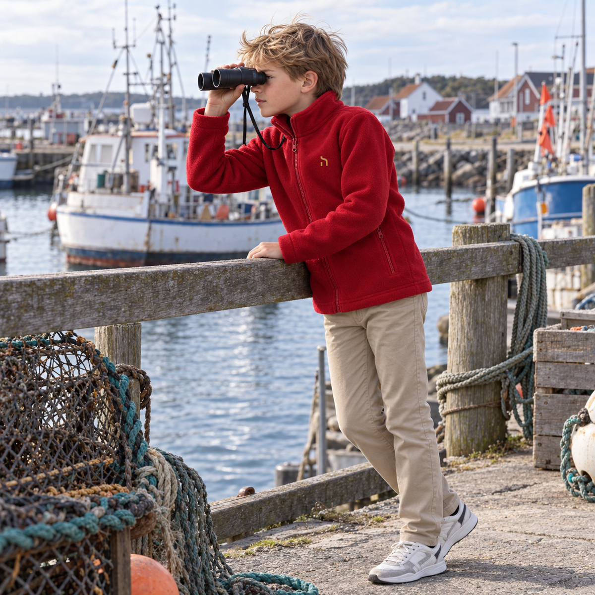 Junge trägt die rote Haensch Coast Kids Fleecejacke mit goldenem Brustzeichen und beobachtet mit einem Fernglas die Boote im Ostseehafen.