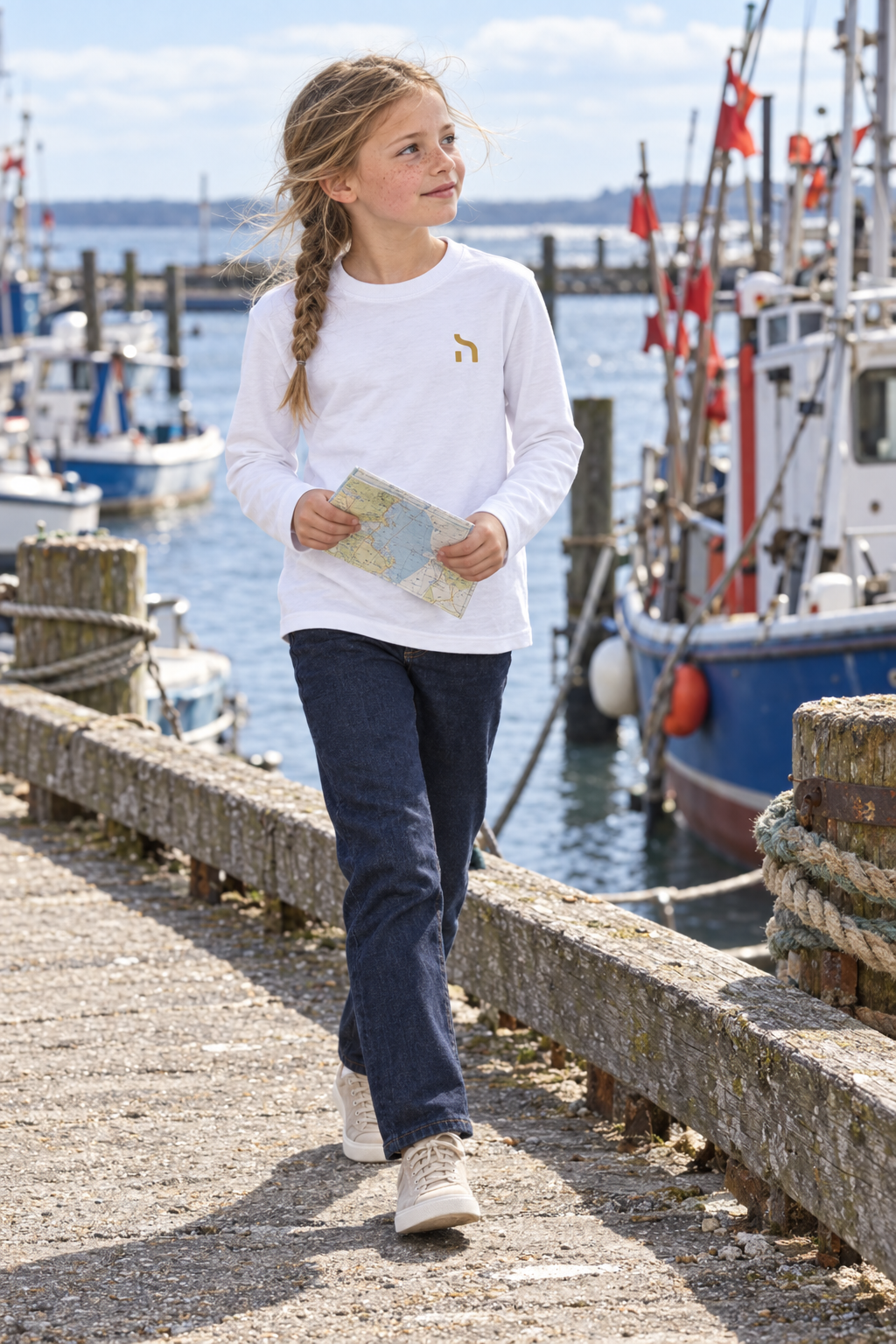 Mädchen trägt das weiße Haensch Coast Kids Longsleeve mit goldenem Brustzeichen bei einem Spaziergang durch einen kleinen Ostseehafen.