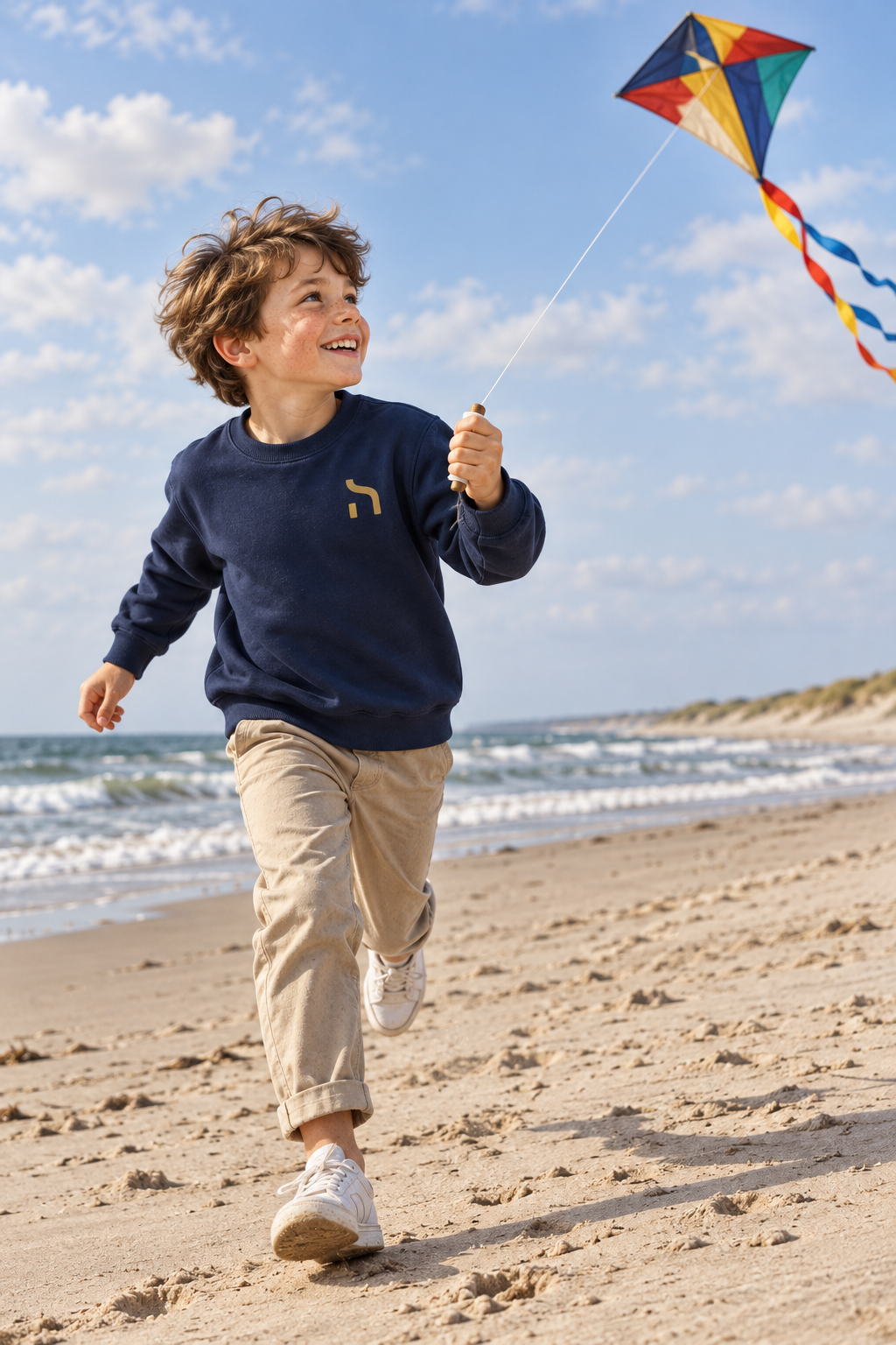 Junge trägt das marineblaue Haensch Coast Kids Sweatshirt mit goldenem Brustzeichen beim Drachensteigen am Ostseestrand.