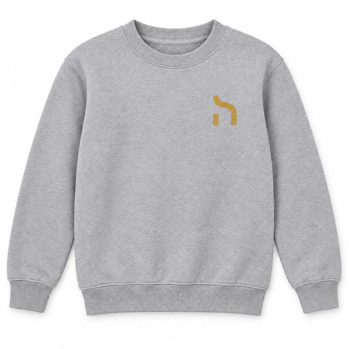 Graumeliertes Kinder-Sweatshirt mit goldenem Haensch-Zeichen auf der linken Brust.