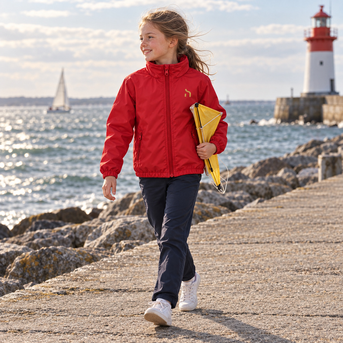 Mädchen trägt die rote Haensch Coast Kids Windjacke mit goldenem Brustzeichen und hält an einer windigen Ostsee-Hafenmole einen gelben Drachen.