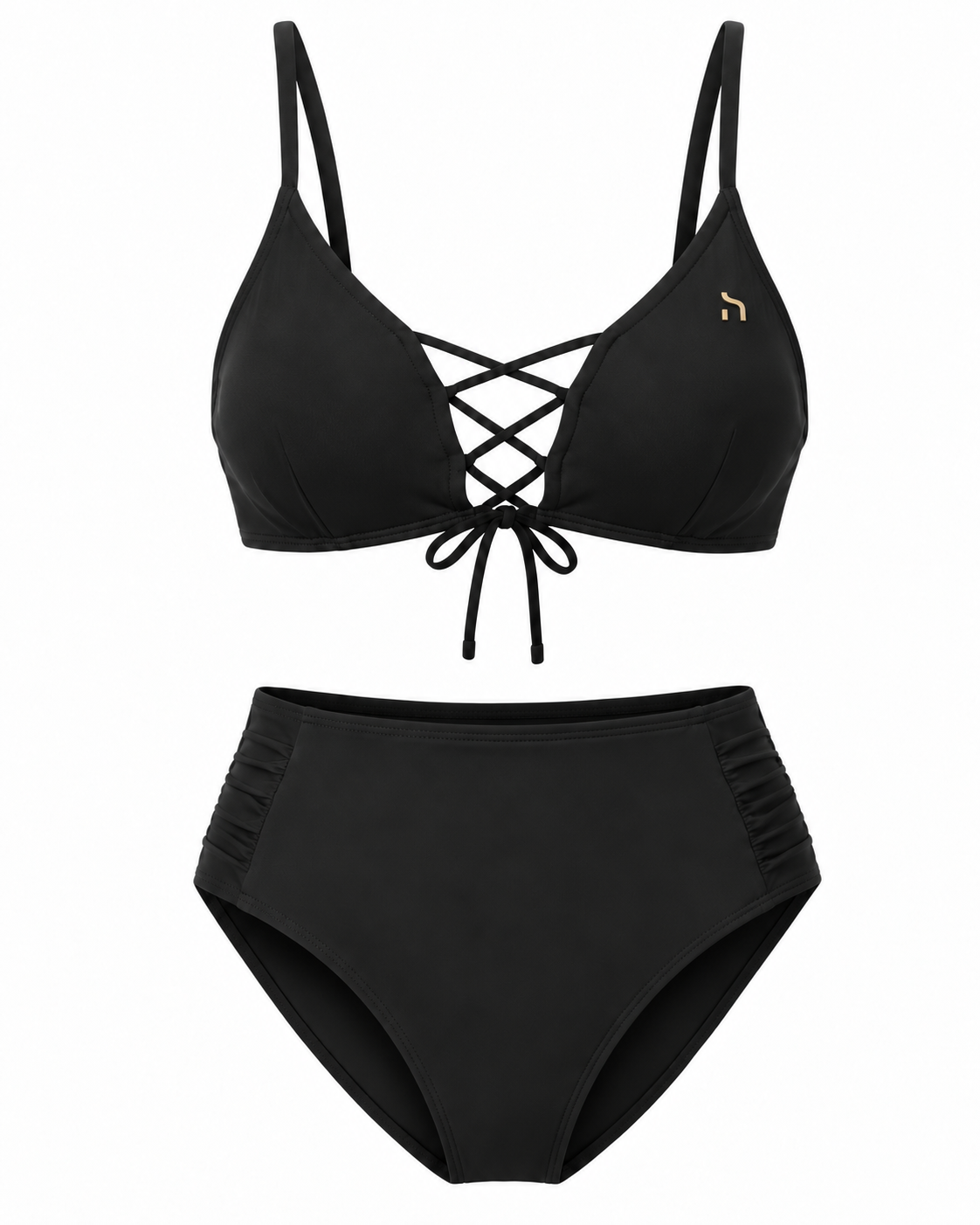 Black Haensch Coast lace-up high waist bikini with gold H logo, deep V-neck top and ruched high-waisted bottom on a white background.