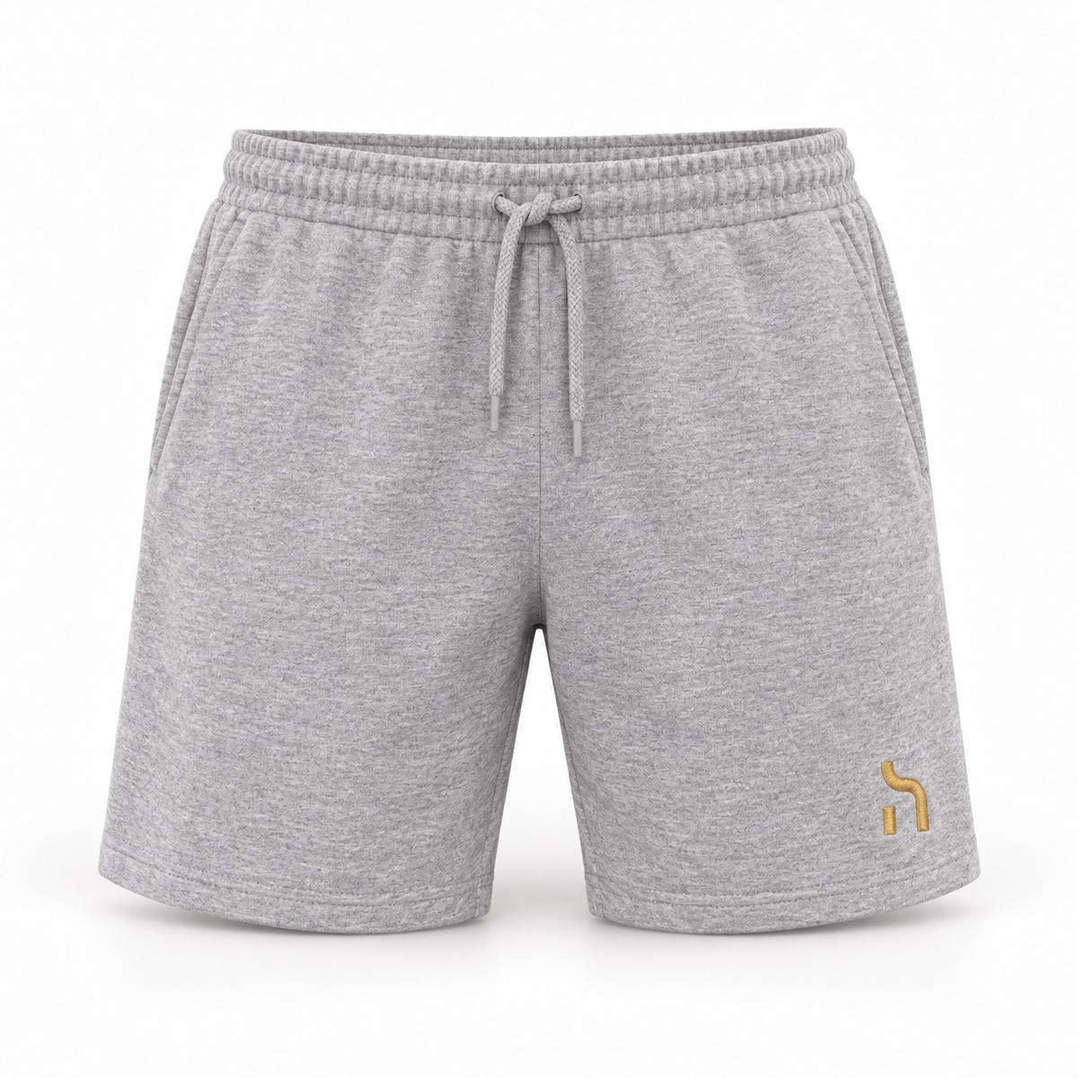 Heather-Grey-melierte Haensch Coast Lightweight Shorts mit Kordelzug und kleinem goldenem Haensch-Zeichen am linken Bein.