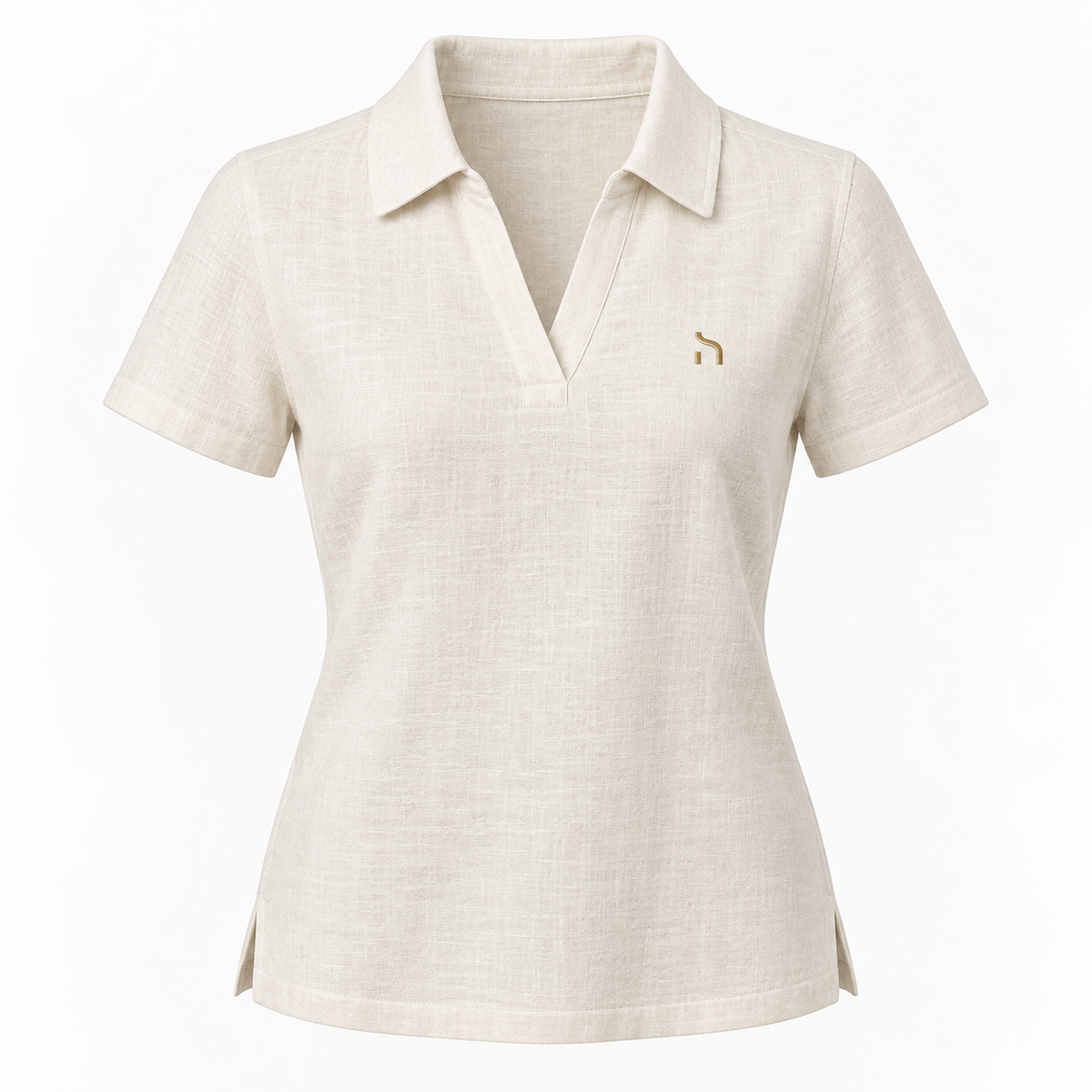 Haensch Coast Linen Polo Damen in Coast Ivory aus 100 % Leinen mit goldenem H-Logo, freigestellte Vorderansicht auf weißem Hintergrund