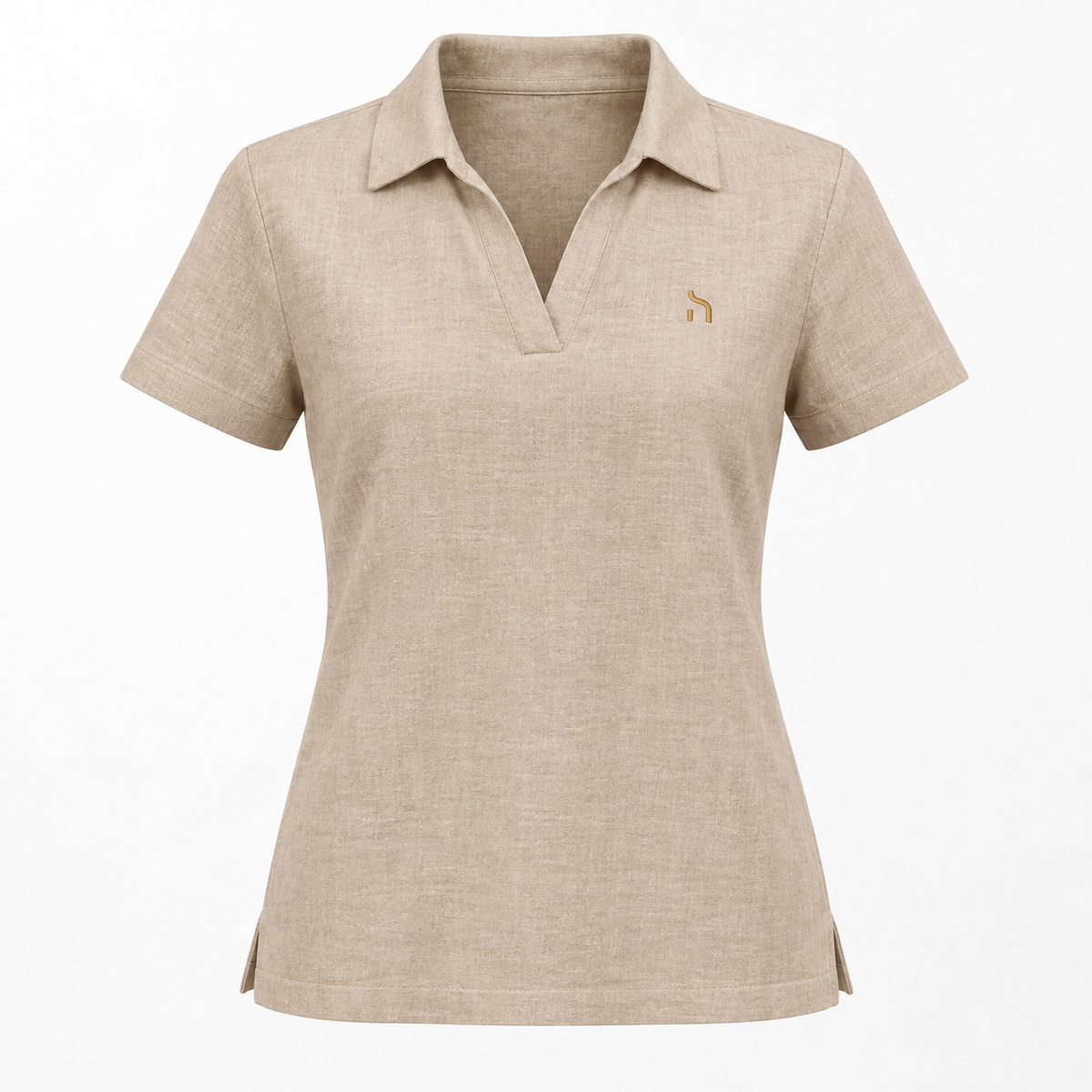 Haensch Coast Linen Polo Damen in Coast Wet Sand aus Leinen mit goldenem H-Logo, freigestellte Vorderansicht auf weißem Hintergrund