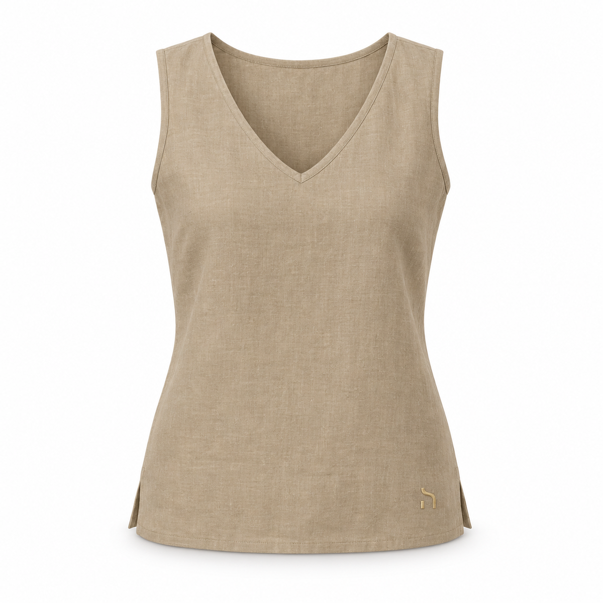 Haensch Coast Linen V-Top Damen in Coast Sand Khaki aus Leinen mit goldenem H-Logo, freigestellte Vorderansicht auf weißem Hintergrund