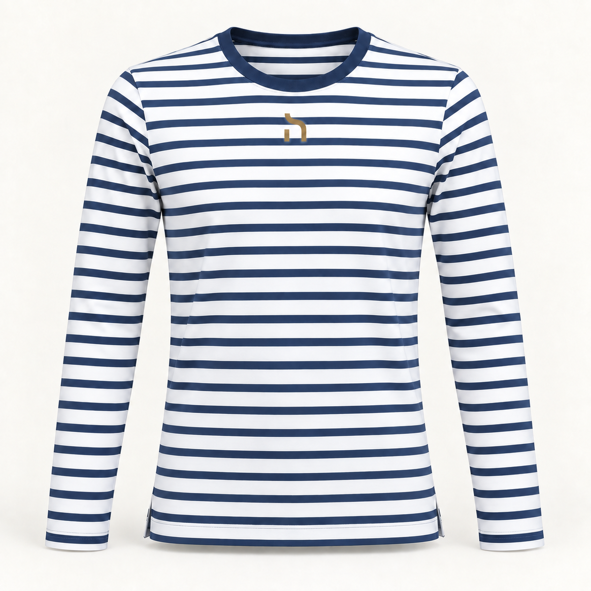Gestreiftes Haensch Coast Herren-Longsleeve in White/Navy mit Rundhalsausschnitt und kleinem goldenem Haensch-Zeichen mittig auf der Brust.