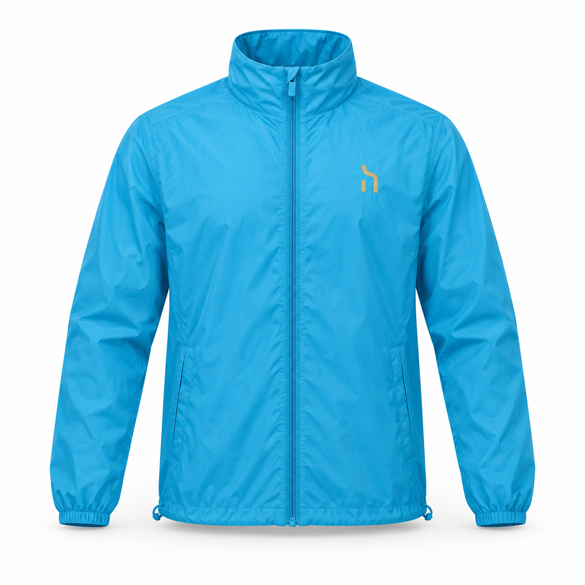 Atoll-Blue-farbener Haensch Coast Packable Windbreaker mit Stehkragen, Reißverschluss und goldenem Haensch-Zeichen.