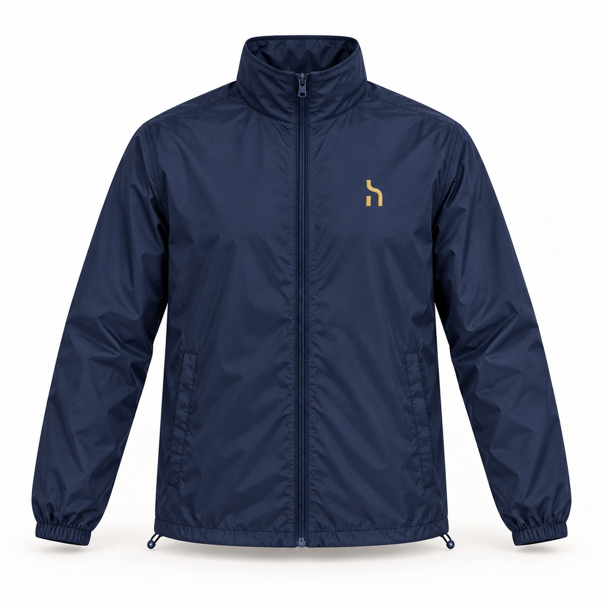 Navy-Blue-farbener Haensch Coast Packable Windbreaker mit Stehkragen, Reißverschluss und goldenem Haensch-Zeichen.