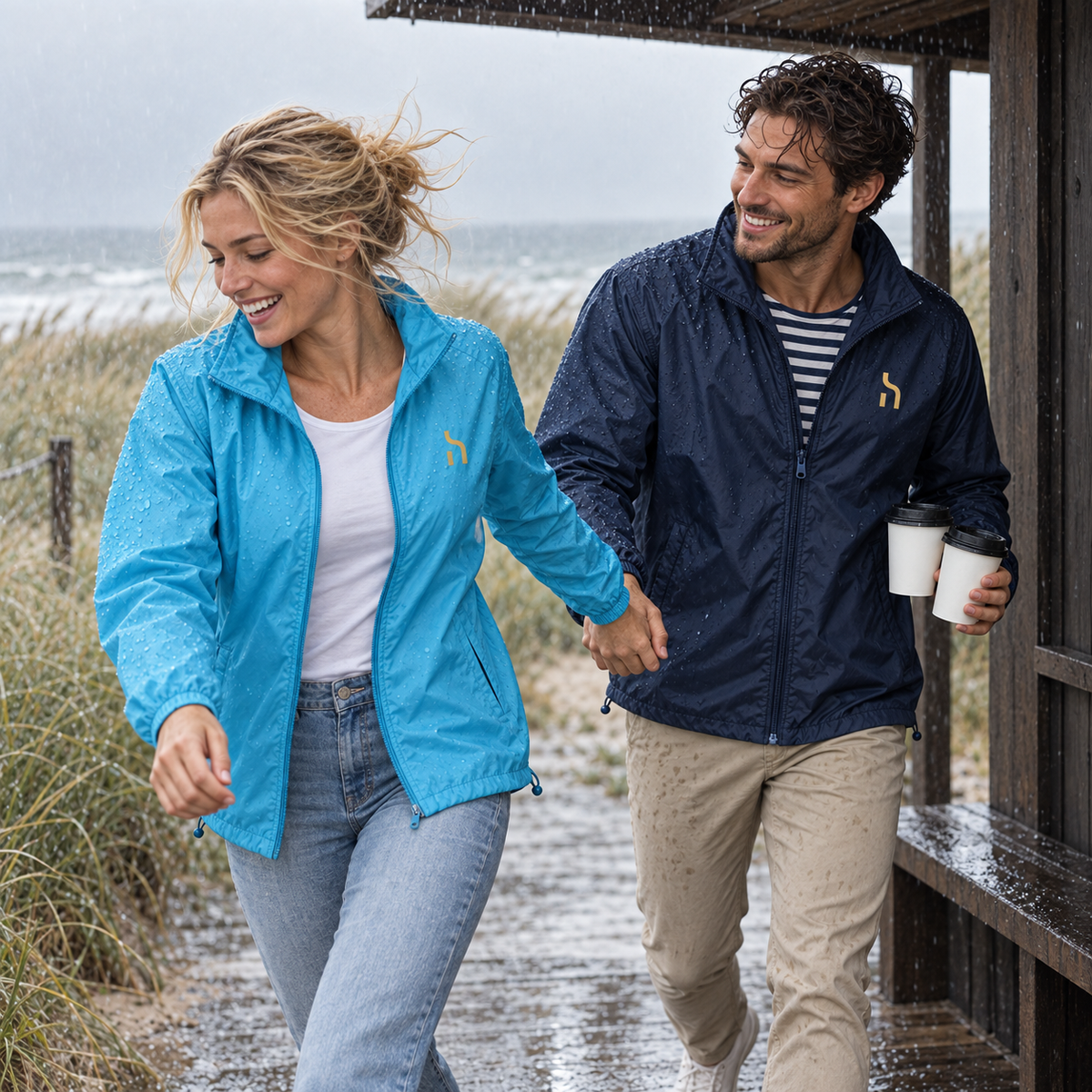 Paar trägt Haensch Coast Packable Windbreaker in Atoll Blue und Navy Blue während eines Regenschauers an der Ostseeküste.