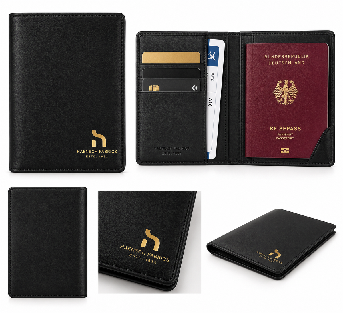 Black Haensch Coast passport and card holder with gold branding, card slots and space for a German passport on a white background.