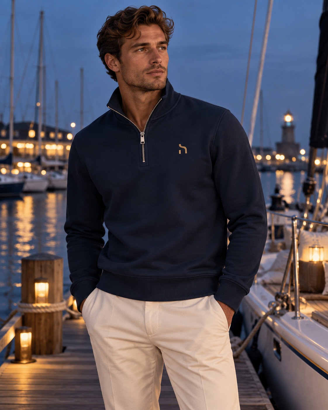 Mann im Haensch Coast Premium Half-Zip in Coast Navy an einem eleganten Ostseehafen bei Abendlicht.