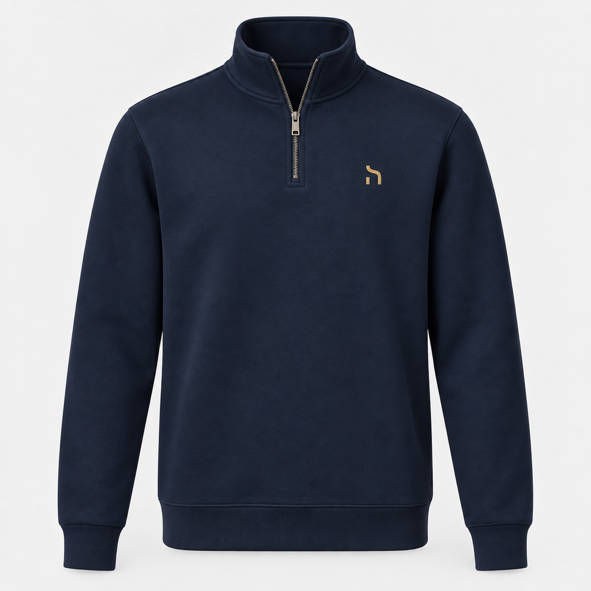 Haensch Coast Premium Half-Zip Herren in Coast Navy mit hohem Kragen, Metallreißverschluss und goldenem Haensch-Zeichen.