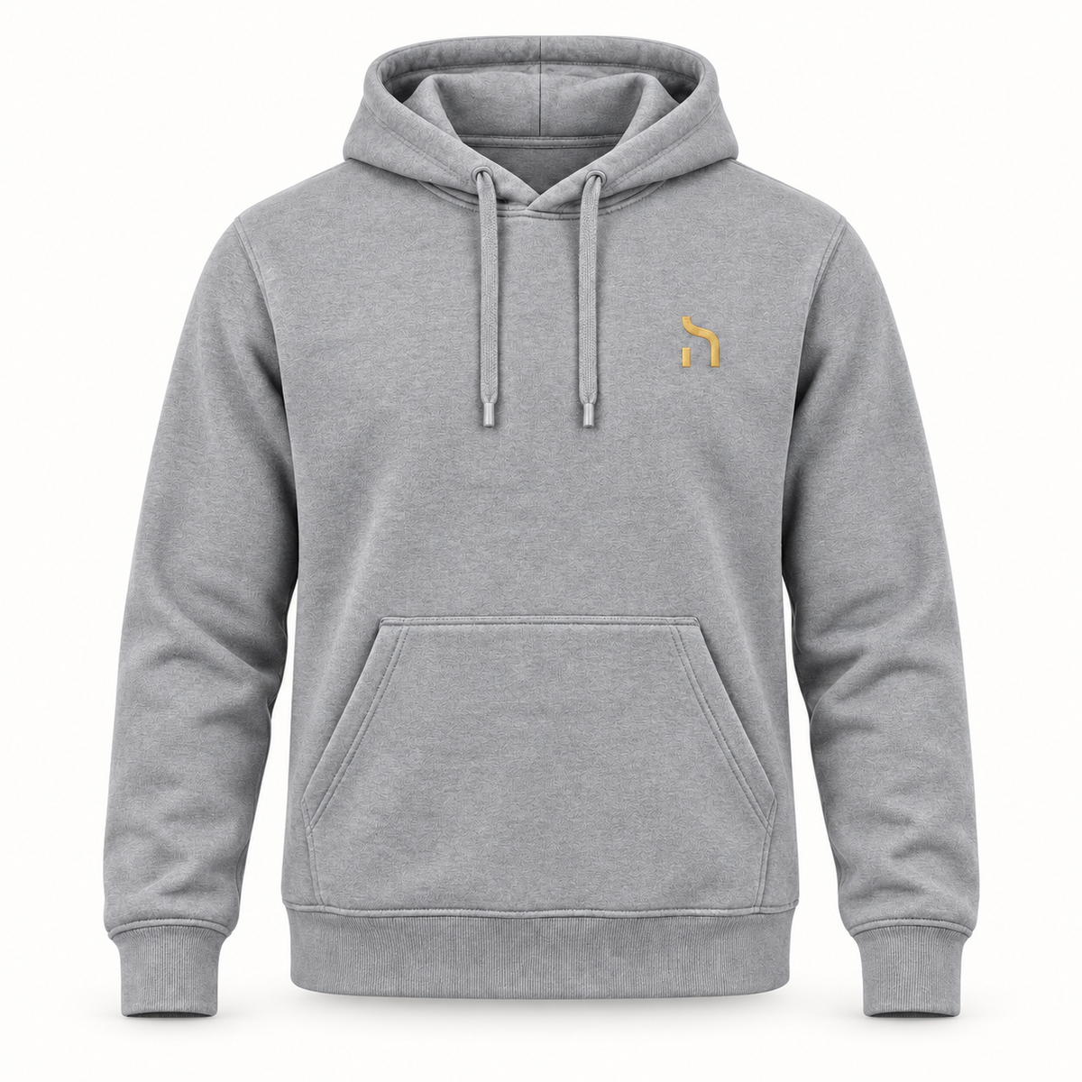 Heather-grauer Haensch Coast Premium Hoodie für Herren mit Kängurutasche, Kapuze und goldenem Haensch-Zeichen auf der linken Brust.