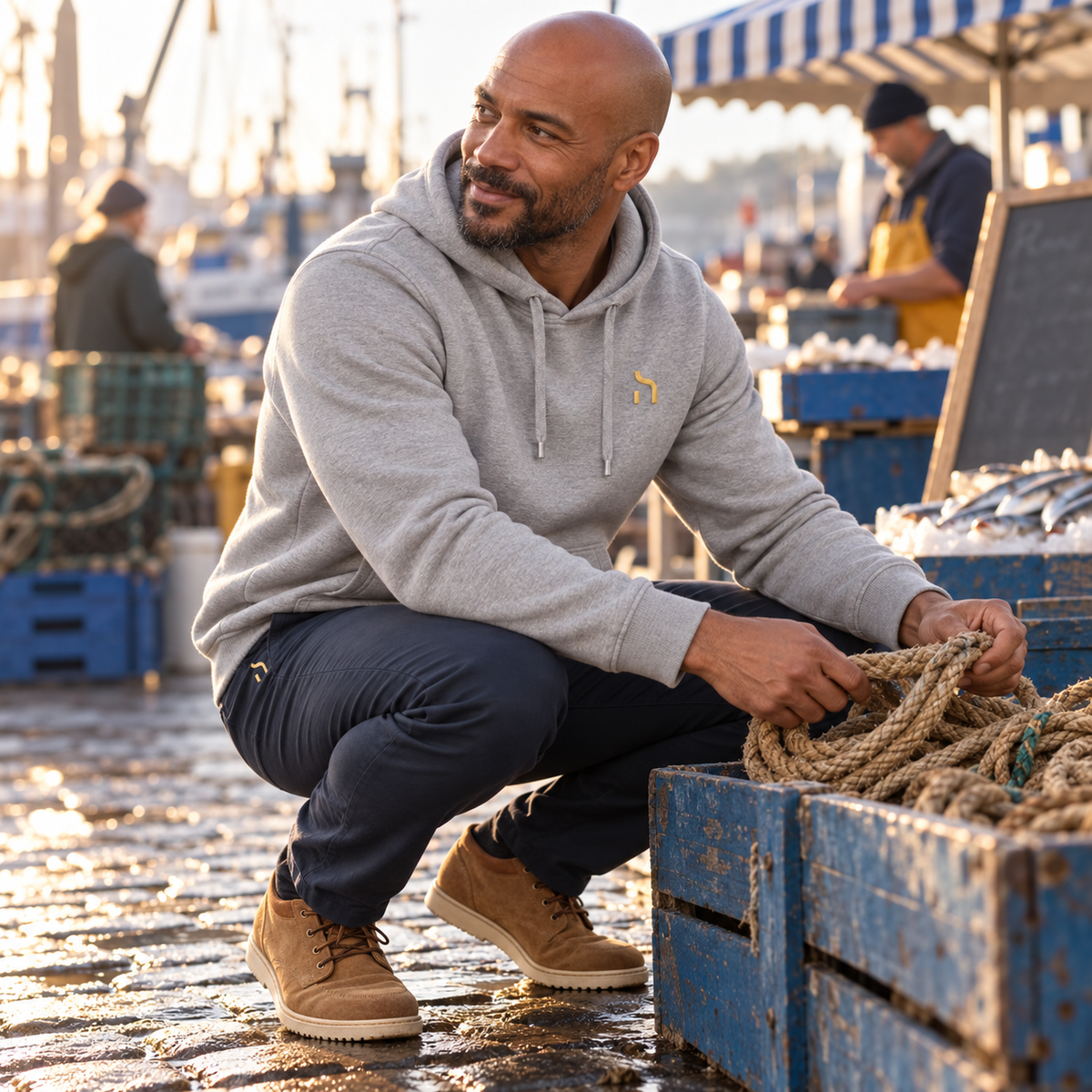 Mann trägt den heather-grauen Haensch Coast Premium Hoodie mit navyblauer Chino auf einem morgendlichen Fischmarkt.