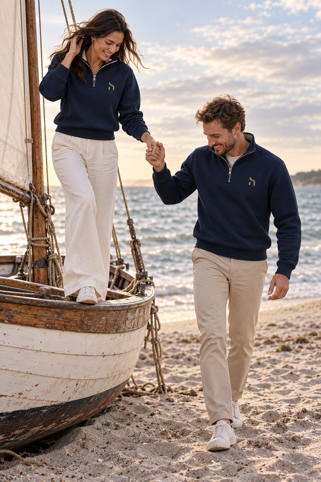 Paar trägt marineblaue Haensch Coast Quarter-Zip Pullover mit goldenen Brustzeichen an einem Segelboot am Ostseestrand.