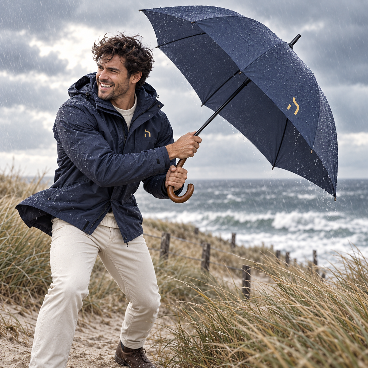 Mann hält den navyfarbenen Haensch Coast Windproof Regenschirm bei kräftigem Wind auf einem Dünenweg.