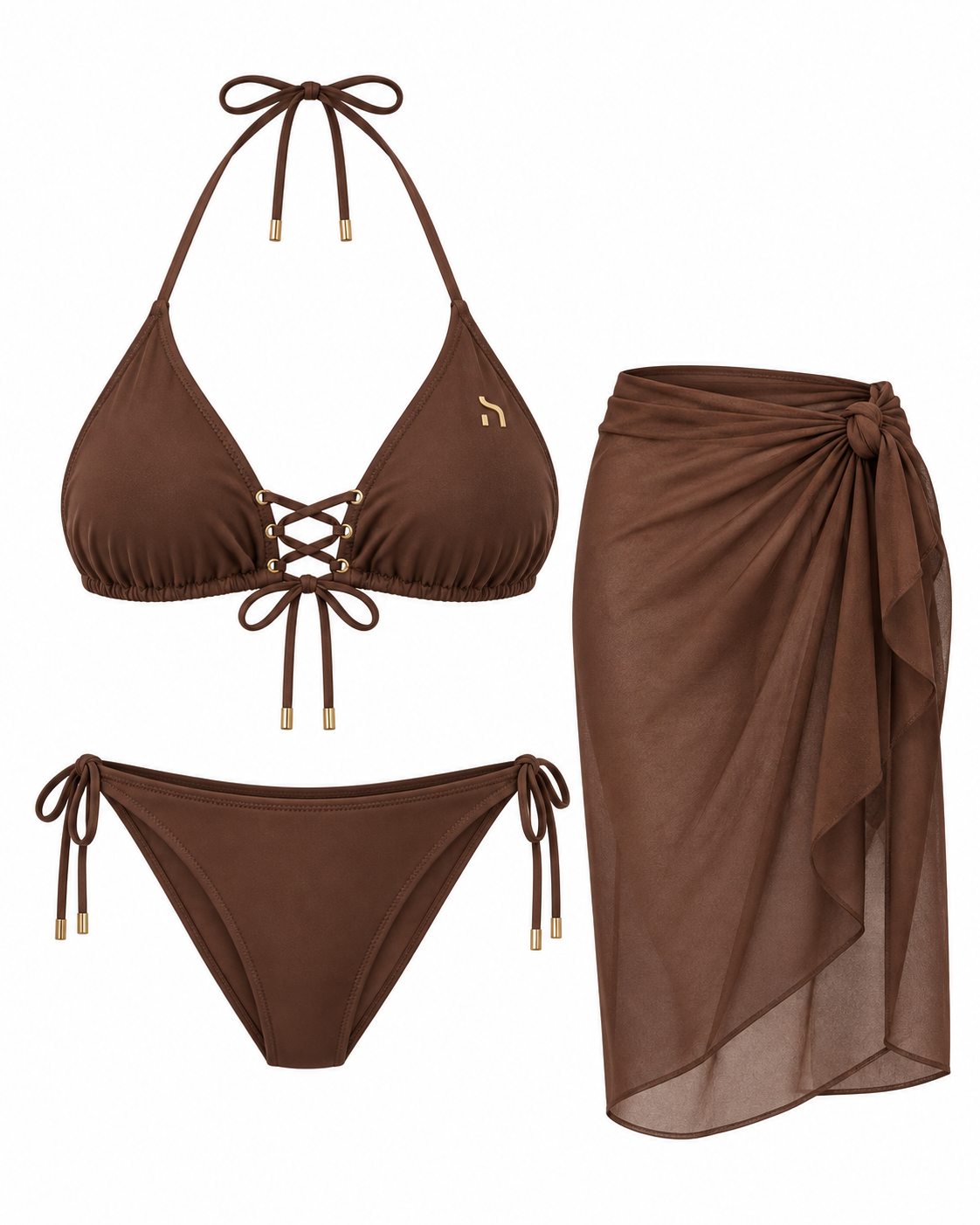Haensch Coast Resort 3-Piece Bikini Damen in Coast Cocoa mit Lace-Up-Bikinioberteil, seitlich gebundenem Bikini-Slip, passendem Strandrock und kleinem goldenem Hänsch-H-Signet