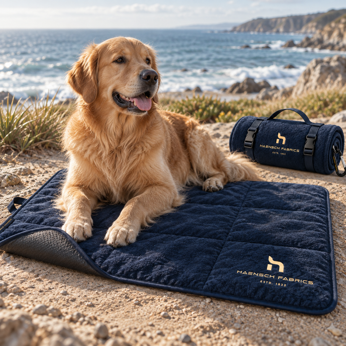 Golden Retriever liegt auf der Haensch Coast Roll & Go Dog Travel Mat in Deep Navy mit goldenem Haensch Fabrics Logo an der Küste.