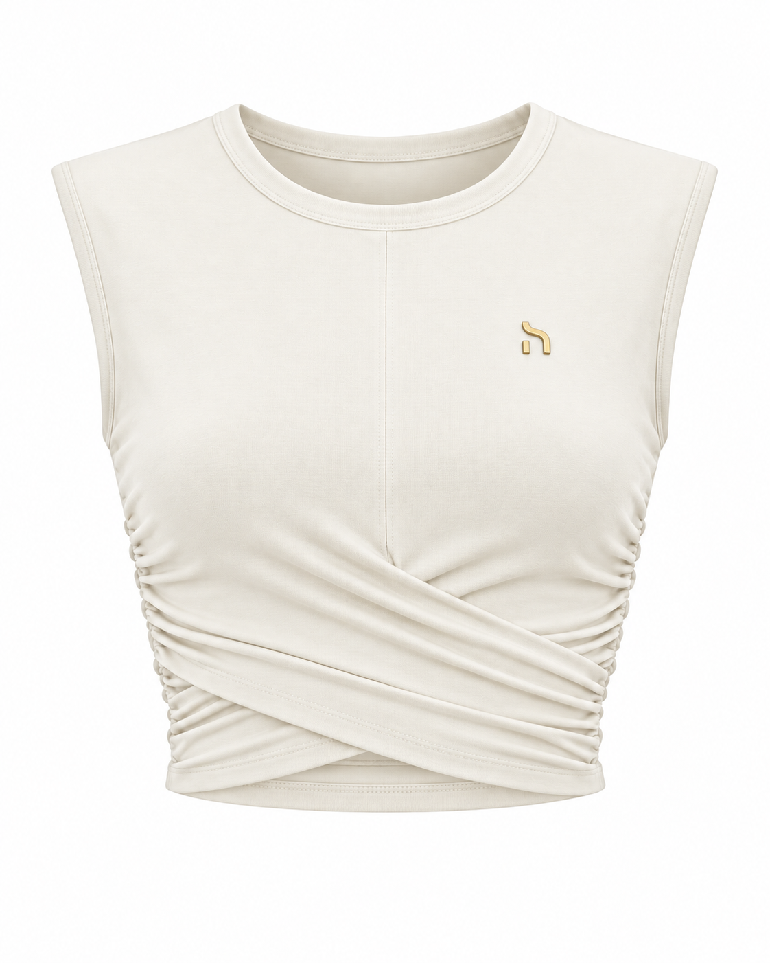 Haensch Coast Ruched Wrap Crop Top Damen in Coast White mit figurbetonter Wickeloptik, seitlichen Raffungen und goldenem Hänsch-H-Signet