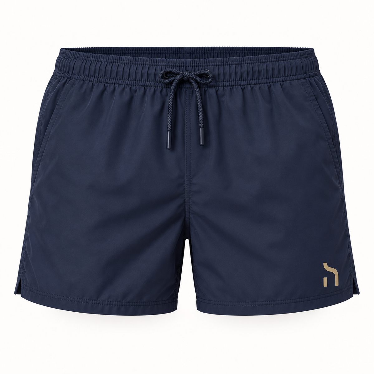 Marineblaue Haensch Coast Sandy Badeshorts mit Kordelzug, Seitentaschen und kleinem goldenem Haensch-Zeichen am linken Hosenbein.