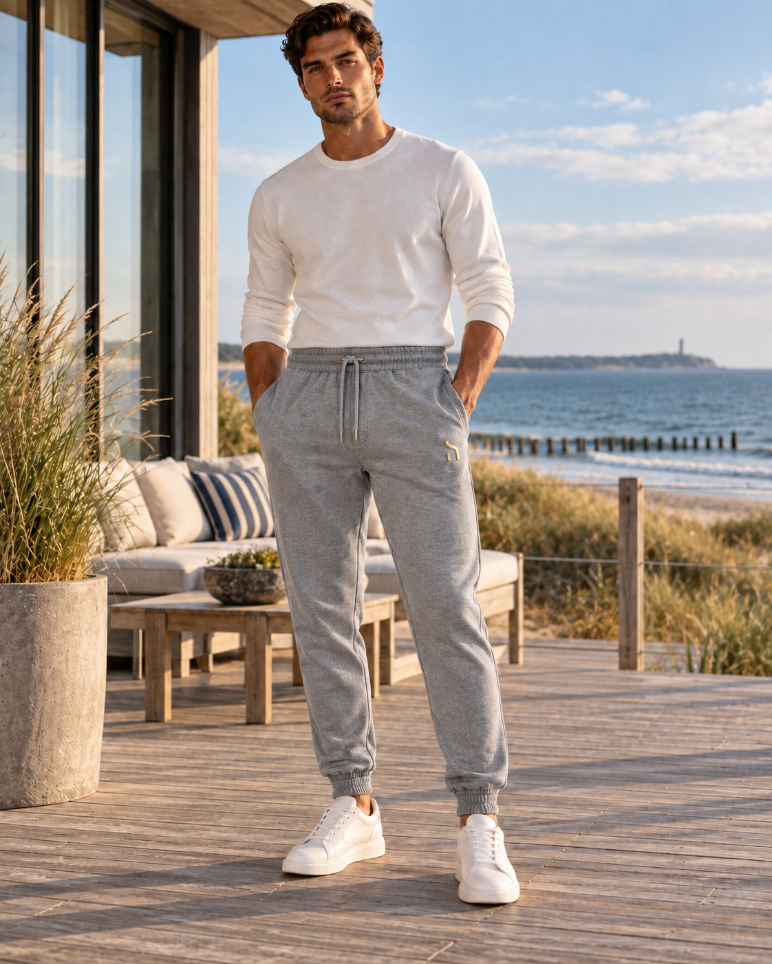 Mann im Haensch Coast Set in Heather Grey mit Hoodie und Jogpants vor norddeutscher Ostseekulisse.