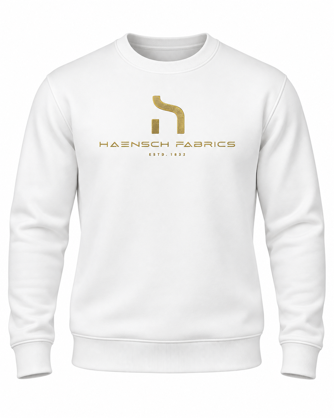 Weißer Haensch Coast Signature Crewneck für Herren mit goldenem Haensch Fabrics Logo in frontaler Produktansicht auf weißem Hintergrund