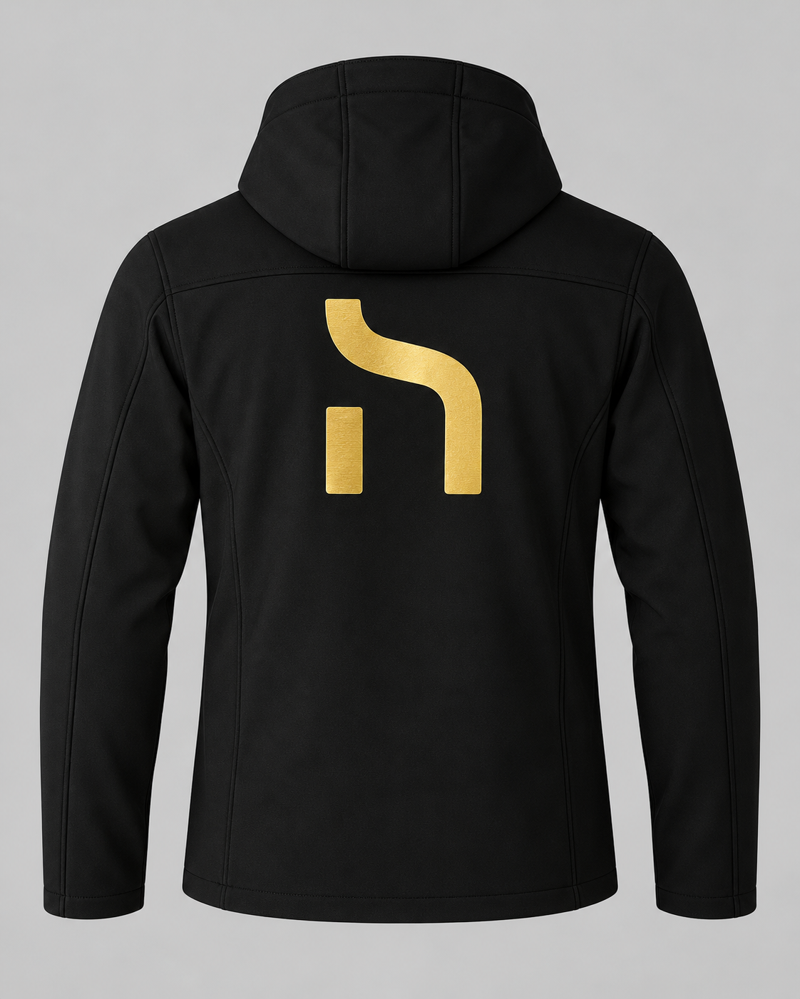 Schwarze Haensch Coast Signature Softshell Jacket für Herren mit großem goldenem Haensch Logo auf dem Rücken, Rückansicht