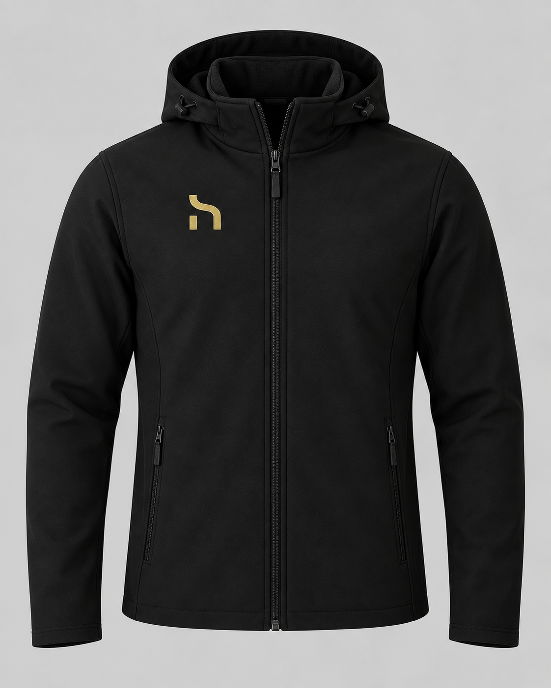 Schwarze Haensch Coast Signature Softshell Jacket für Herren mit goldenem Haensch Logo auf der Brust, Vorderansicht
