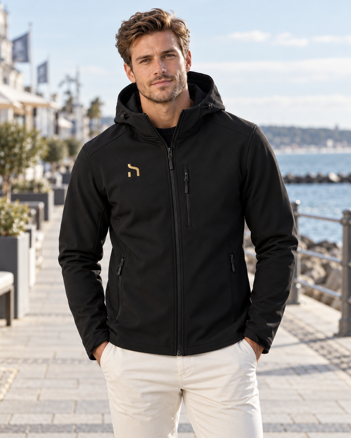 Herrenmodel trägt die schwarze Haensch Coast Signature Softshell Jacket mit goldenem Brustlogo an einer Ostsee-Promenade