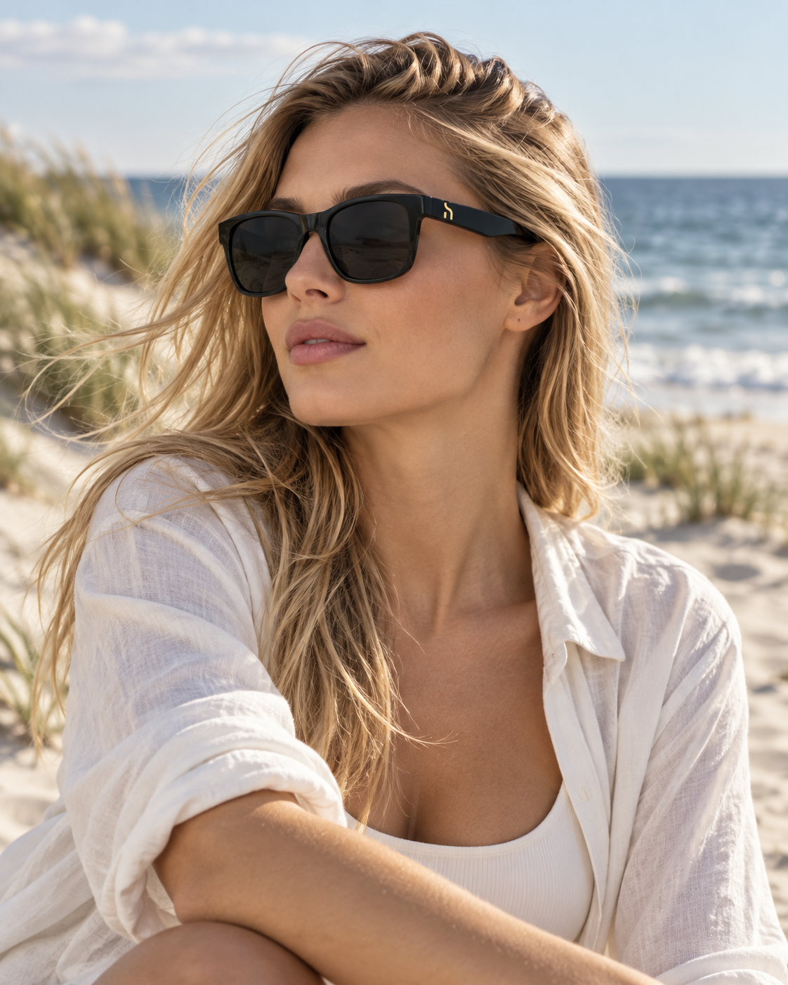 Blonde woman wearing black Haensch Coast Signature sunglasses with gold H detail at the Baltic Sea.